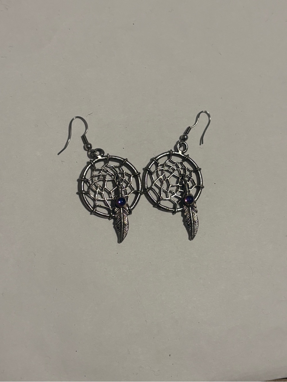 Silver Dreamcatcher Feather Dangle Earrings with Blue Accent